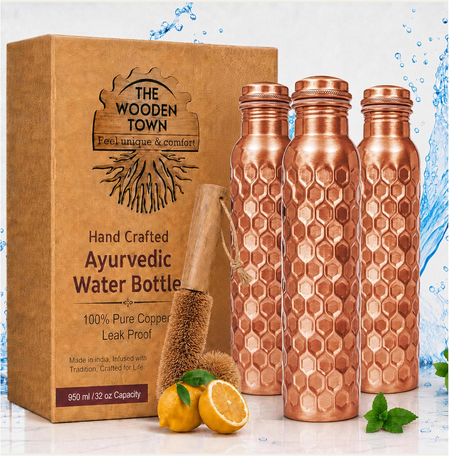 Ayurvedic & Herbal Wellness Kits - Set 3 Botol Air Tembaga 32oz,
